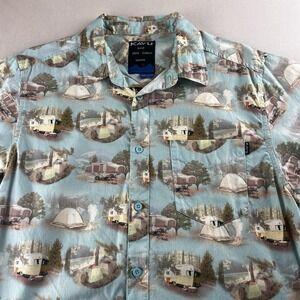 Kavu Shirt Mens Medium Green Button Up The Camp Graphic Casual Camper Outdoor RV
